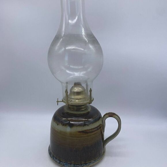 Vintage Greg Olson Signed California Handmade Stoneware Oil Lamp with Chimney - Picture 1 of 7